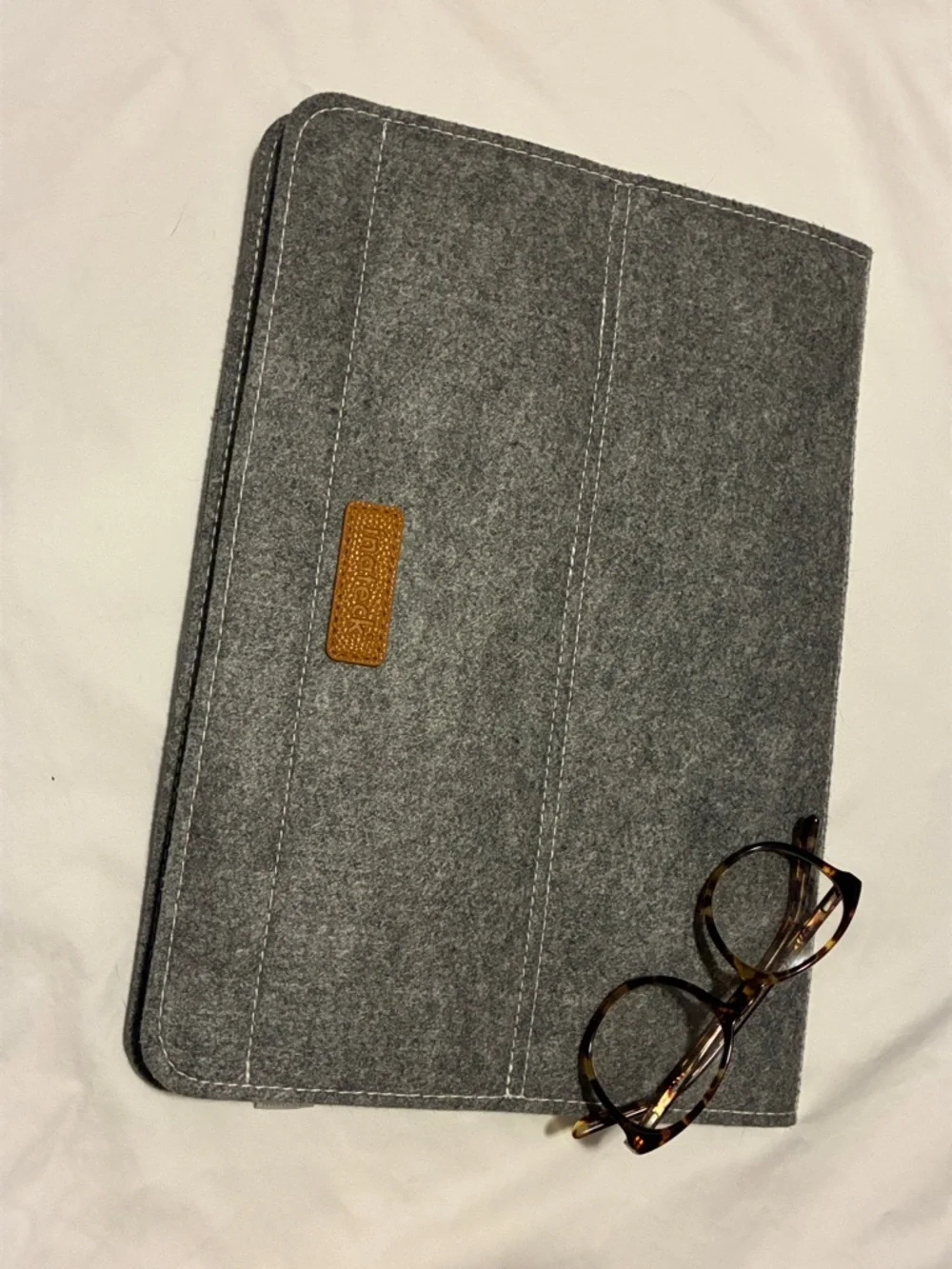 Gray Felt Tablet or Laptop Sleeve with Brown Leather Logo Patch